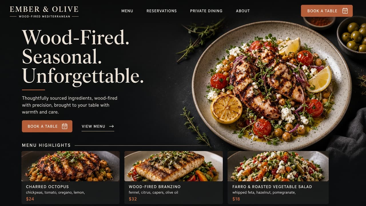 Ember & Olive — Restaurant website landing page design