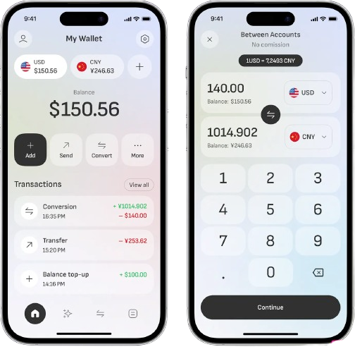 Mobile app UI — wallet dashboard and currency conversion screens on iOS